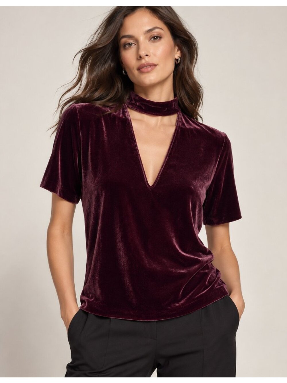 Theory Dark Currant Luxe Velvet Choker V-Neck Silk Blend Top M
